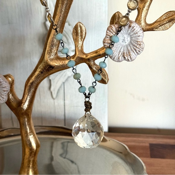 Jewelry - Vintage Elegant Crystal Pendant Necklace, Gold & Rosary Beads, 30”Inches